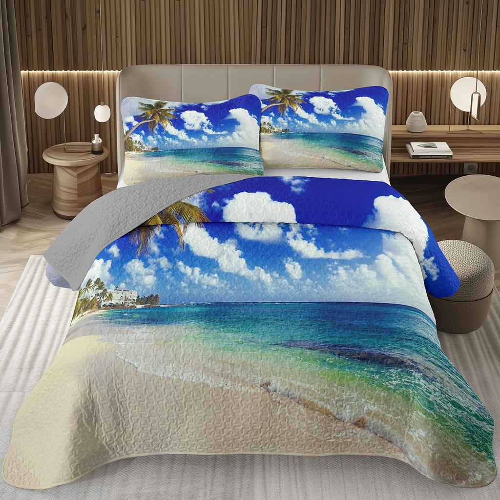 Beach Bedspread Tropical Palm Tree Coverlet SetSea Ocean Quilt Set Twin King Size Seaside Landscape Coastal Theme Bedding Sets