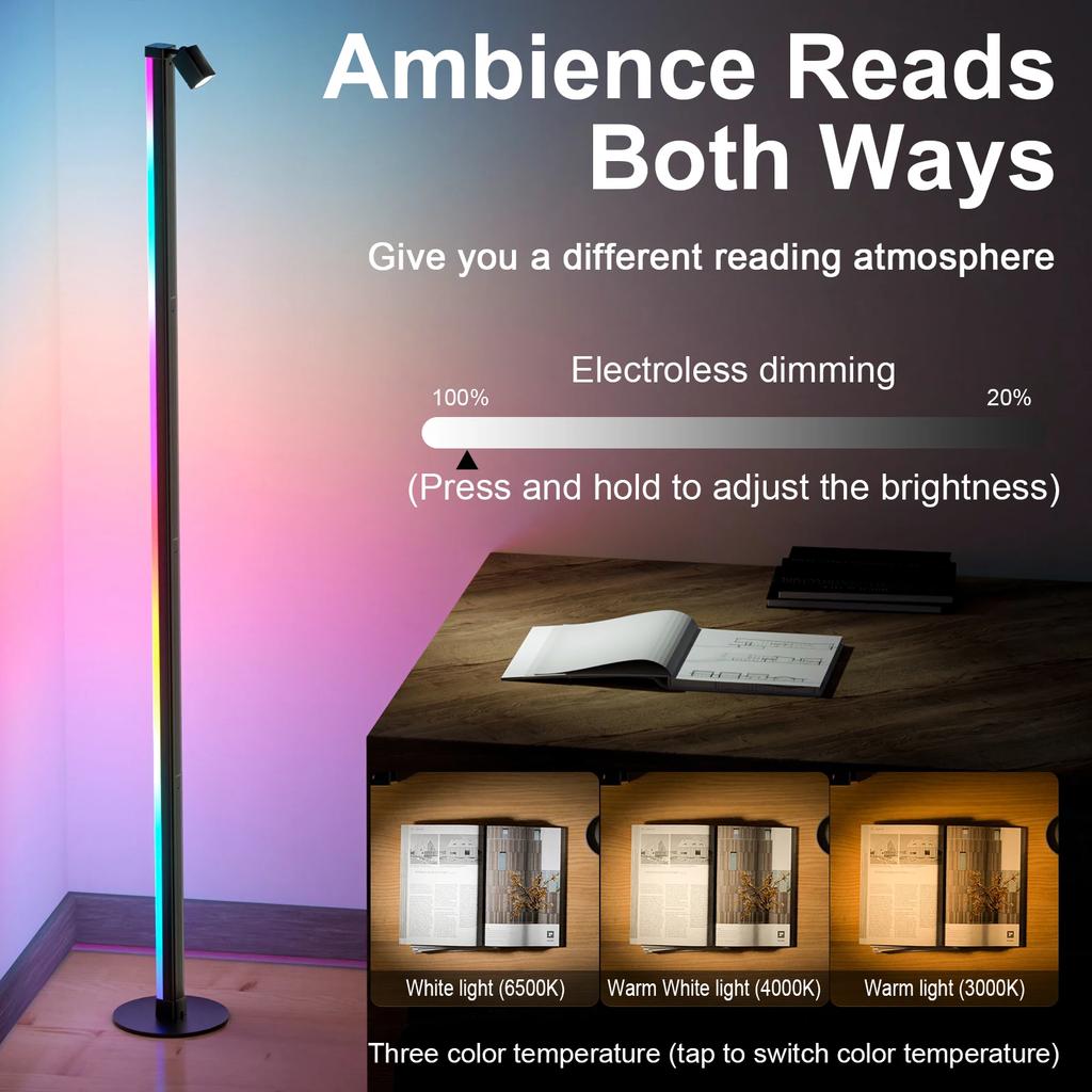 RGB Floor Lamp with Reading Light Heightening 143CM Smart APP Music Mode DIY Custom Colours LED Mood Light Christmas Party Decor