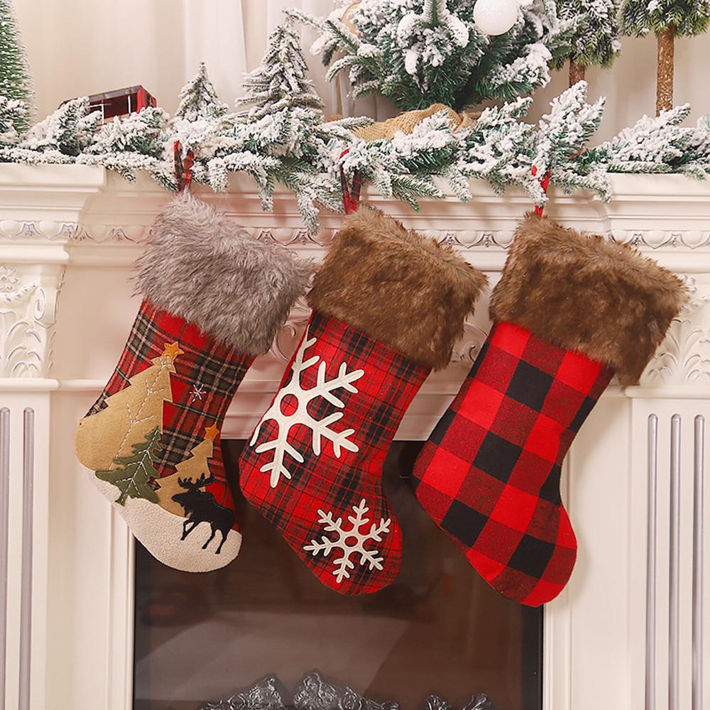Christmas Stocking 18'' 3D with Plaid Snowflake Plush Faux Fur Cuff Christmas Decorations and Party Decorations Style 1