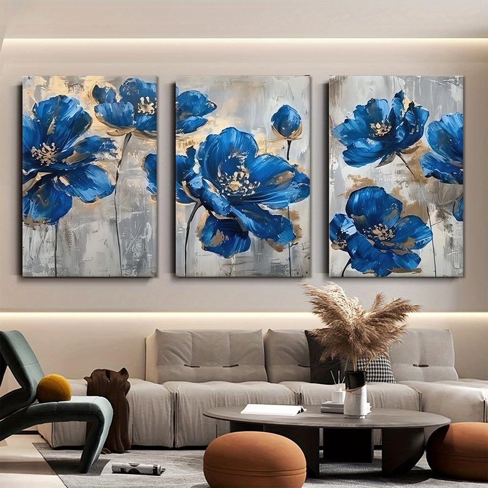 3-piece Set of Modern Simple Blue Flower Frameless Canvas Decoration Hanging Painting Living Room Entrance Bedroom Abstract Art
