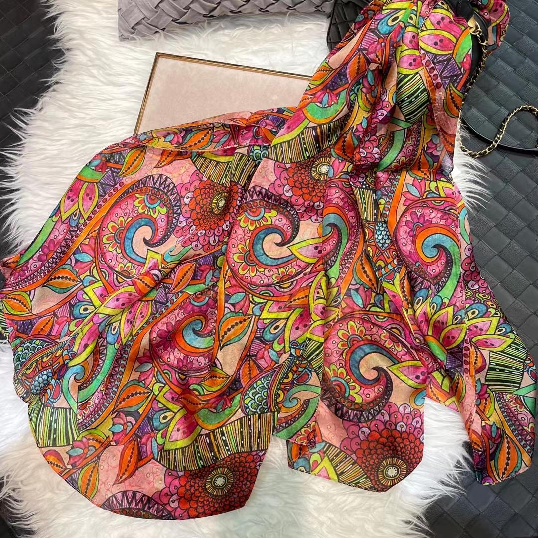 

белый100% Шелковый Шарф Женские Шарфы Буфанды Летние Пляжные Шали Фуляр Осень Зима Брендовый Цветочный Дизайн Длинные Шейные Шарфы Хиджабы