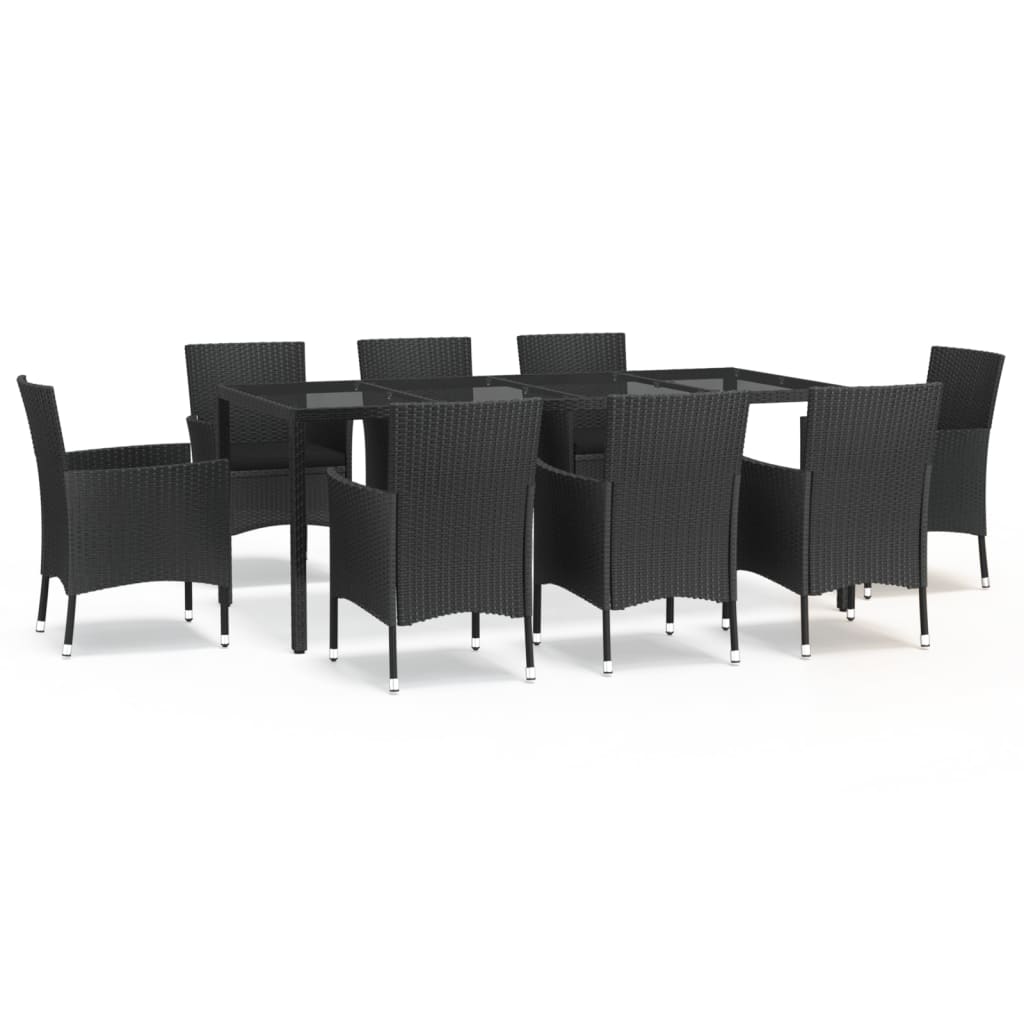 9 Piece Garden Dining Set with Cushions Black Poly Rattan