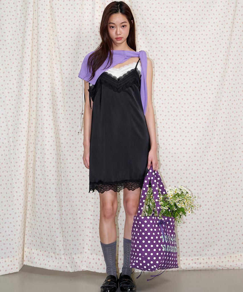 Opening Sunshine Ribbon Shoulder Satin Lace Mini Dress Black