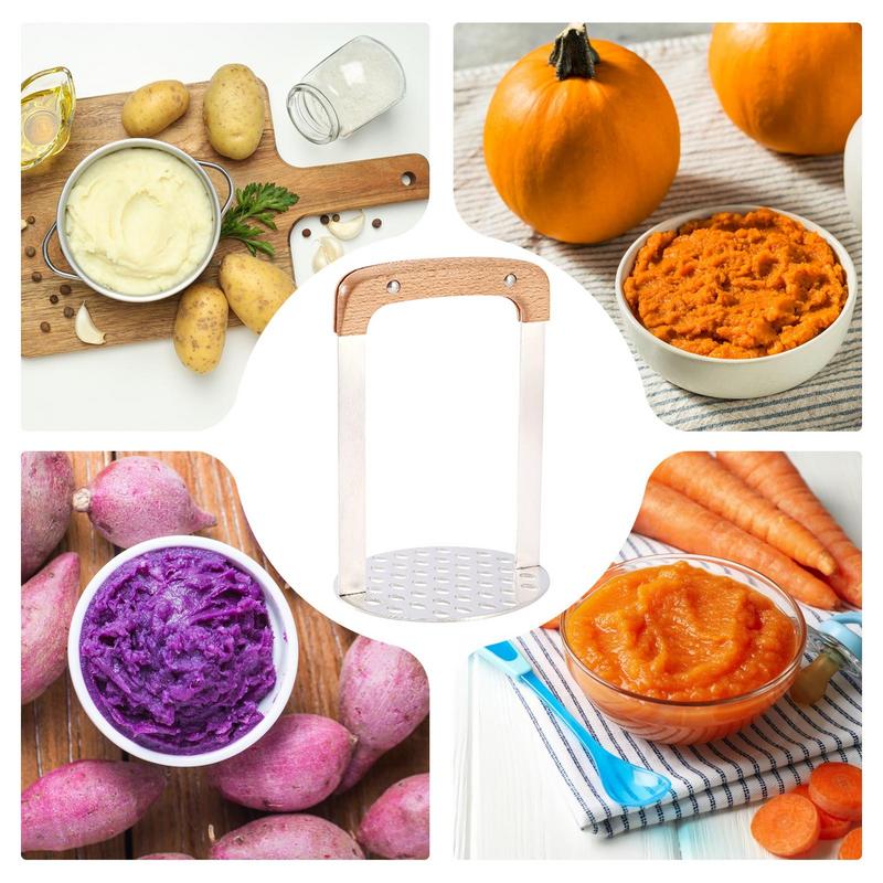 Stainless Steel Hand Held Potato Masher Potato Press Kitchen Crusher Vegetable Masher With Wooden Handle