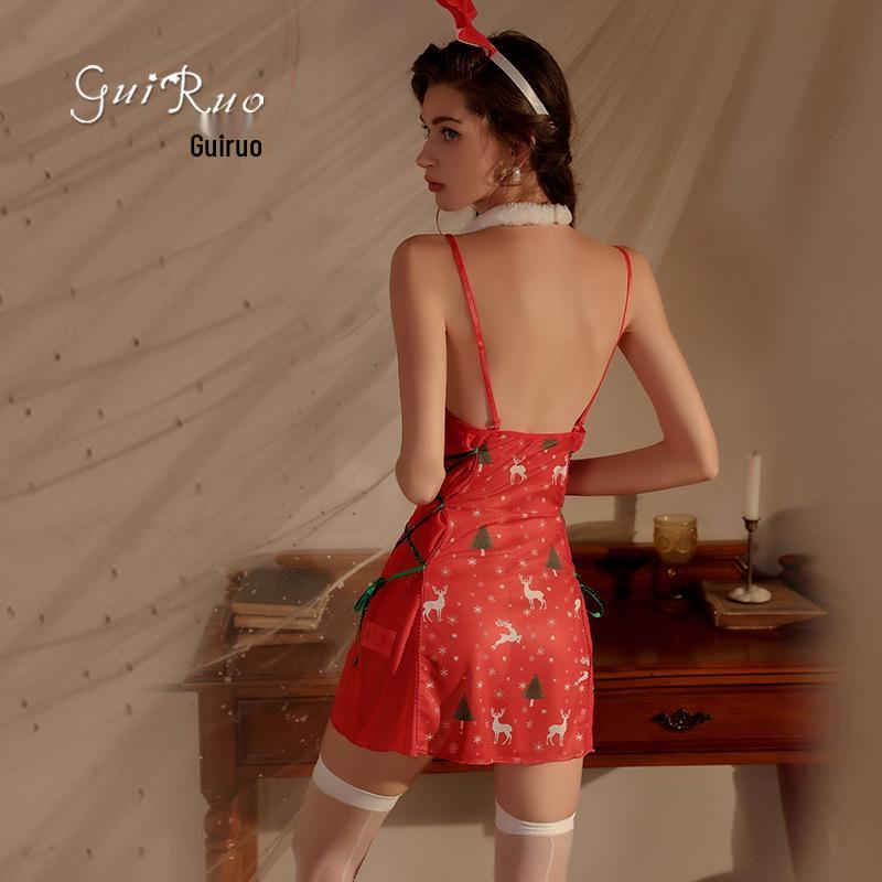 Übergröße Sexy Durchsichtiges Mesh Weihnachts-Dessous-Set mit Aufdruck - Rückenfreies Nachthemd