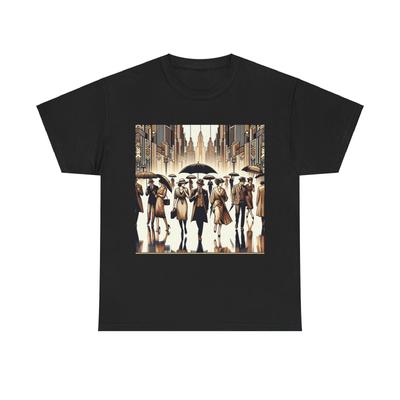 Unisex Erwachsenen T-Shirt Art Deco Regentag Stadt Stadtbild Vintage Stil Regenschirm Stilvoll
