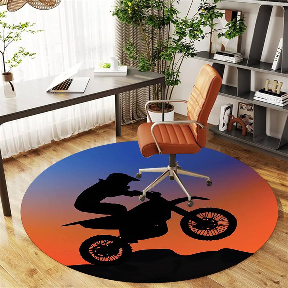 1pc Motorcycle Sunset Round Chair mat Area Rug - Non-Slip, Floor Mat for Office, Bedroom, home decor Christmas Gift p0811050