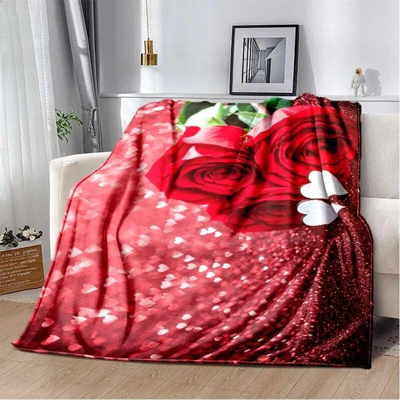 Patterned Red Rose Lightweight Flannel Blanket ,Warm Soft Cozy Blanket Home Decor Birthday Gift For All Season Blanket
