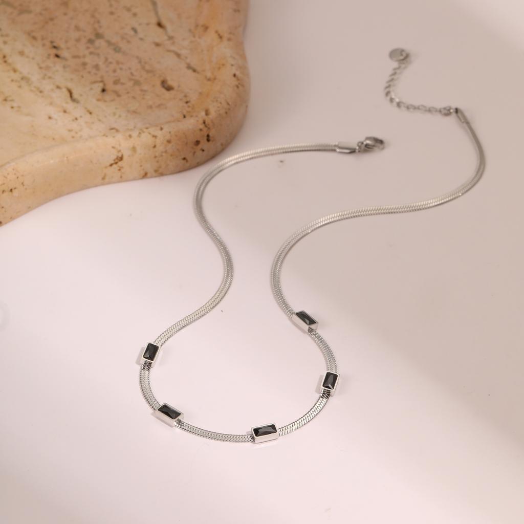 GEMCHIC Women's Vintage Geometry Square Zircon Stainless Steel Choker Necklace Flat Snake Chain Trendy Fashion Jewelry