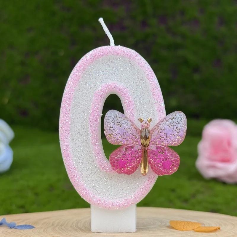 Cute Birthday Candle Cake Topper Colours Creative Number 1-9 Candle Pink Butterfly Digital Candle Birthday Wedding Party Decor