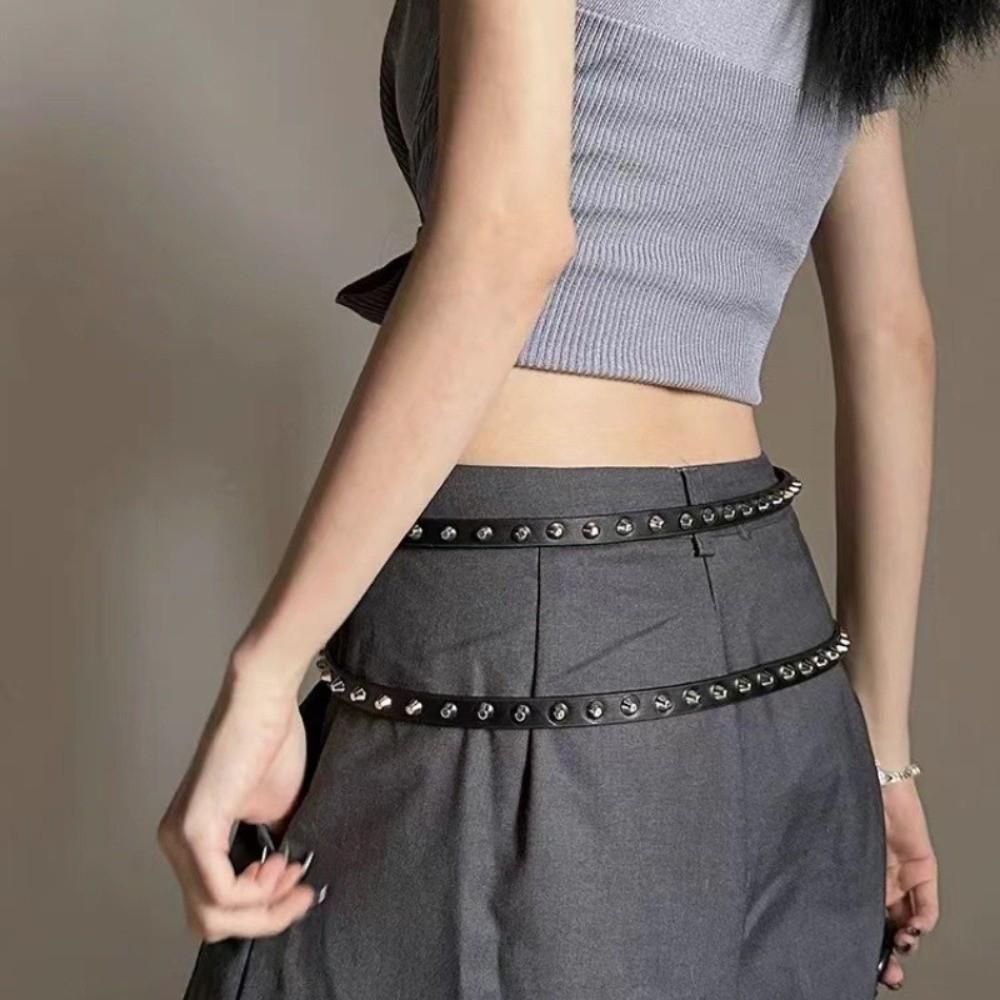 Thin Women's Rivet Belt Extra Long Dress Jeans Belt Vintage Leather Waist Belt  Streetwear