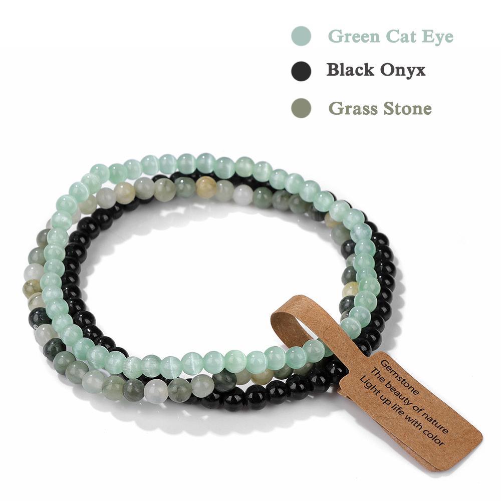 3Pcs/set Natural Green Stone Bracelet 4mm Moss Agates Black Onyx Cat Eye Beads Elastic Bracelets For Women Men Simple Jewelry