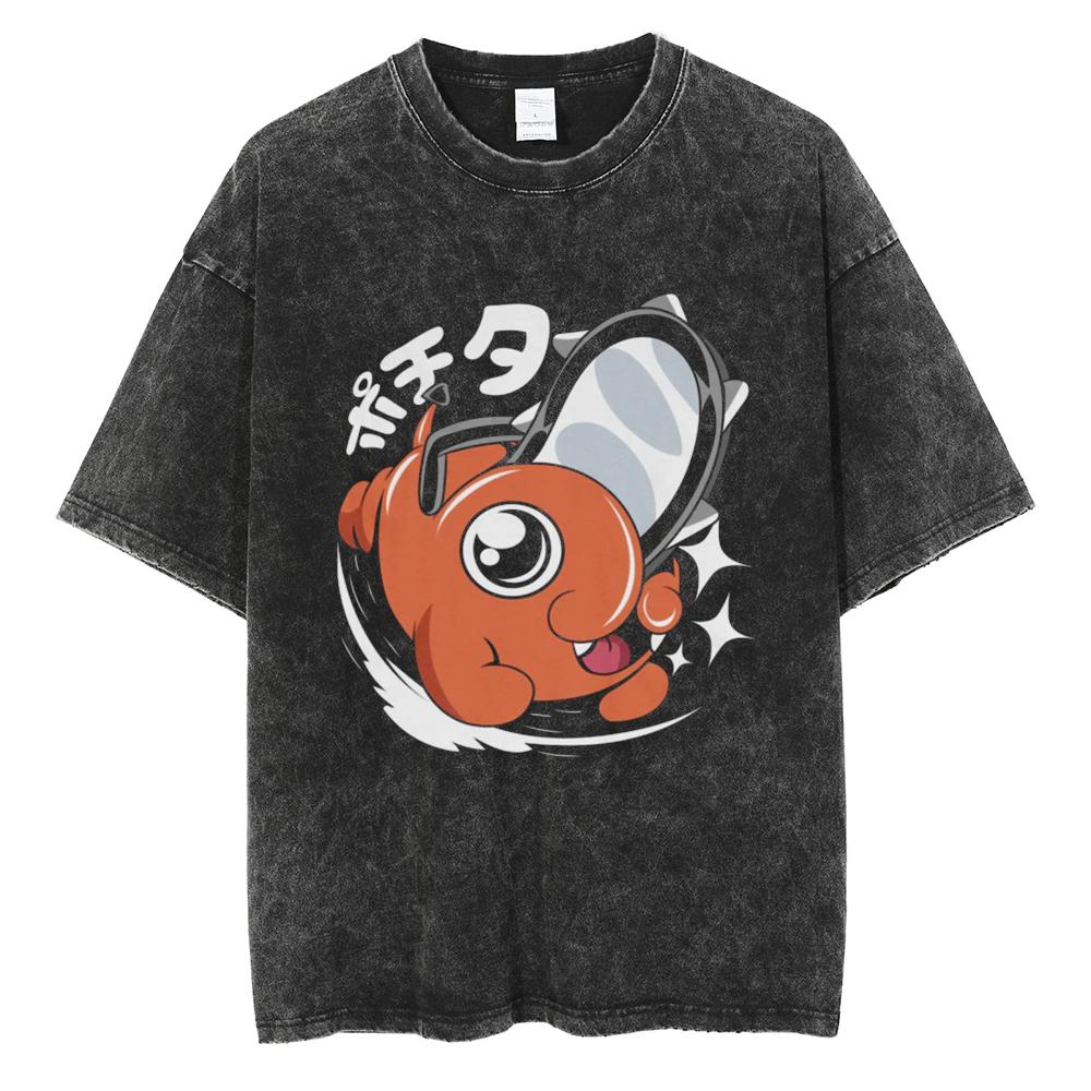 Anime Chainsaw Man Pochita Kawaii Printed Washed Tshirt Men Vintage Casual Tshirts Manga Cotton T Shirt Harajuku Male Tops