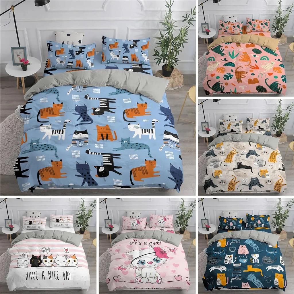 Juego de Ropa de Cama de Dibujos Animados Gatos Lindos Cómoda Funda Nórdica Funda de Almohada Juego de Cama Decoración Habitación Infantil Textiles para el Hogar