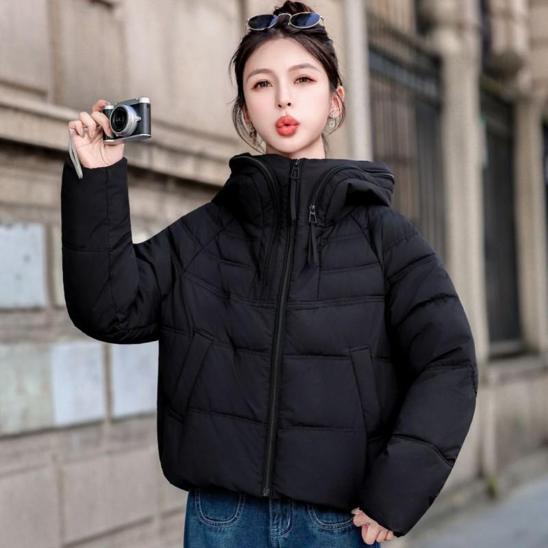 Womens Short Winter Hooded Cotton Jacket Loose Warm Thick Fashion Coat Solid Color Casual Outerwear