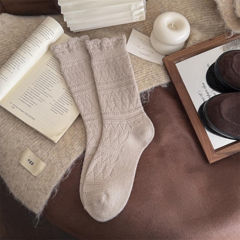 White Lace Stockings - Children's Mid-length Stockings, Pile Stockings, Winter Thick and Warm Wool Stockings, Long Stockings