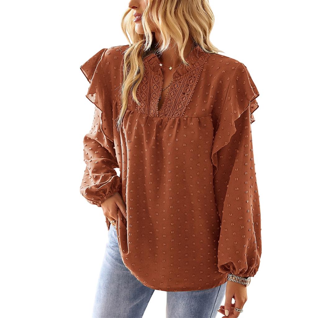 Women's V,Neck Lace Patchwork Blouse With Ruffled Sleeves