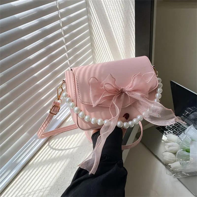 Fashi Lace Bow Single Shoulder Handbag, Korean Fairy Gentle Style Pearl Crossbody Bags, Versatile for Commuting and Banquets