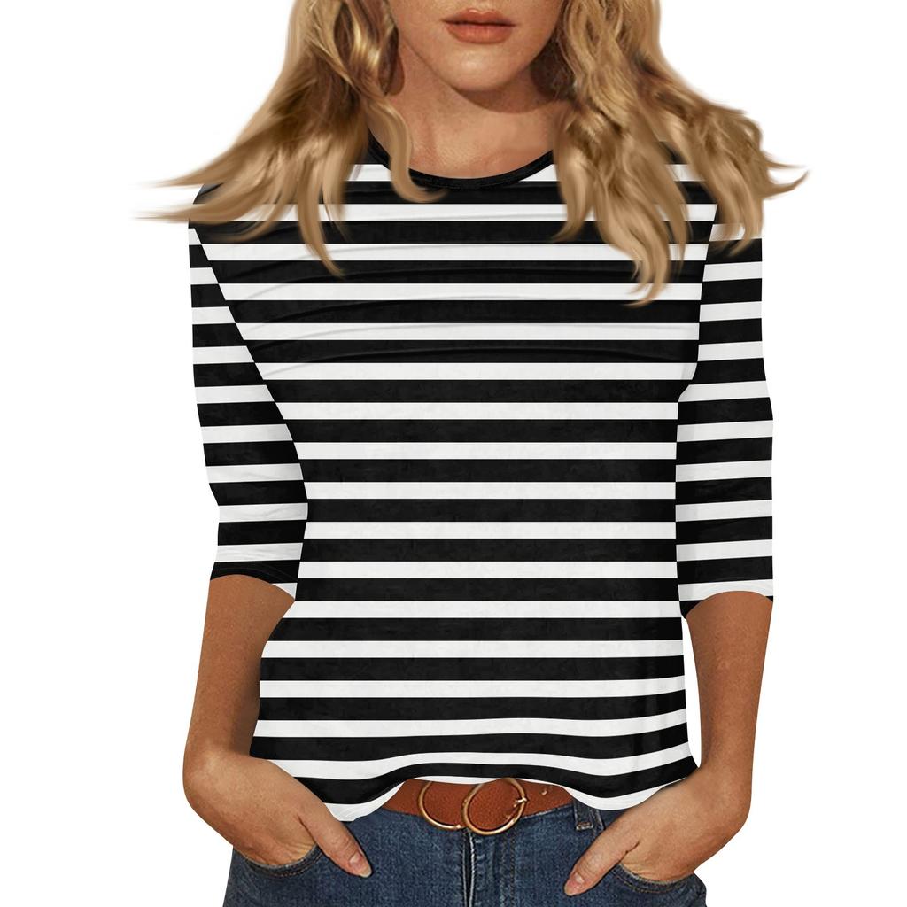 Women's O-neck 3/4 Sleeve Striped  Print Top