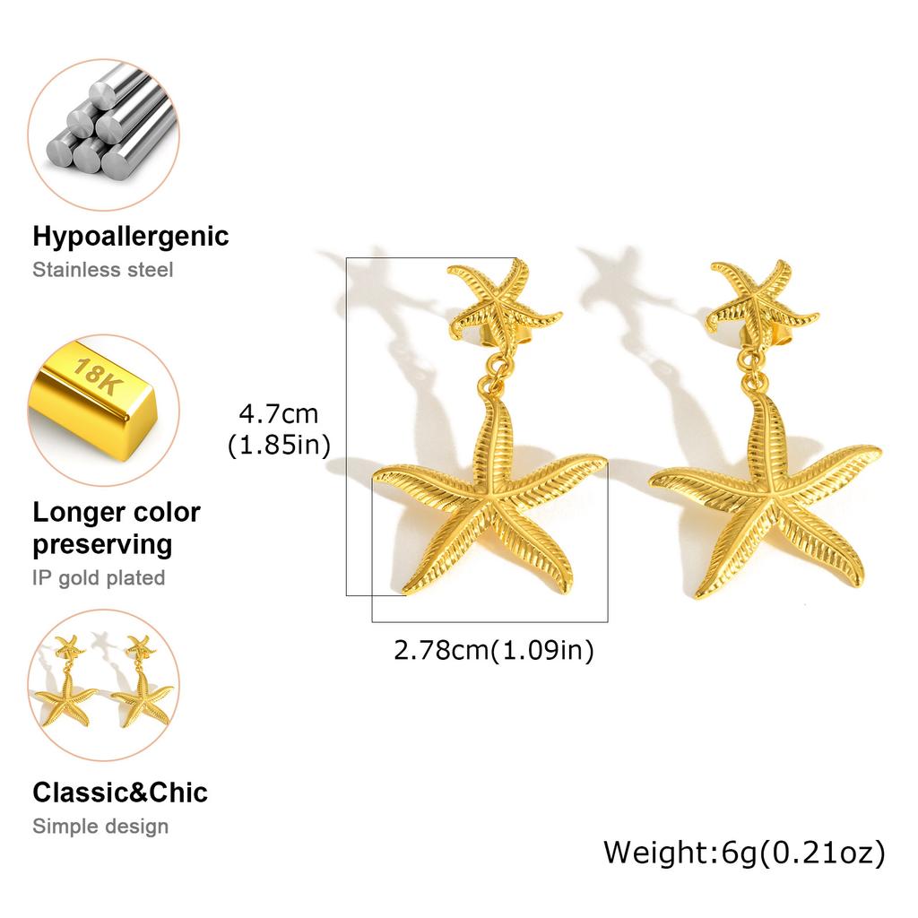 Starfish Drop Dangle Earring for Women, Gold Plated Stainless Steel Beach Sea Earrings, Waterproof Summer Ocean Jewelry