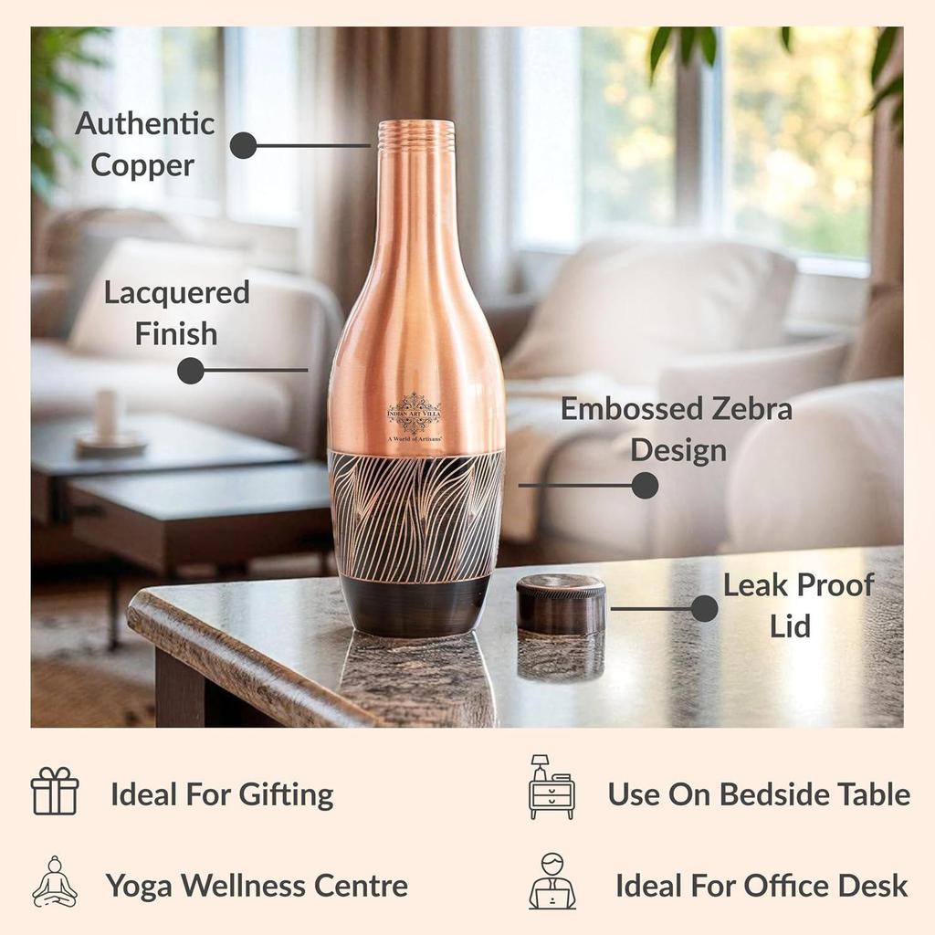 Copper Zebra Embossed Designer Bedroom Bottle – 1150 ML | Antique Finish Ayurvedic Water Jar with Leak-Proof Cap for Home, Office & Gifting