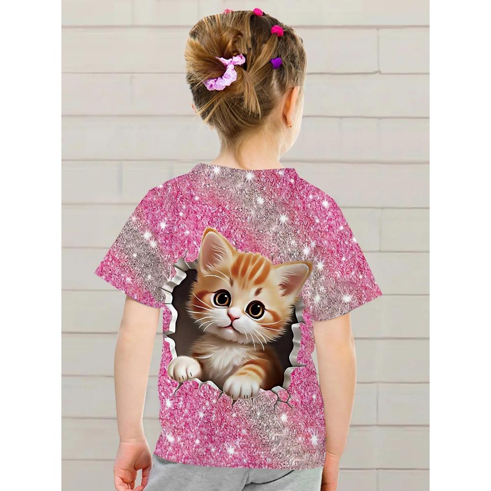 Bedårande kattunge med grafiskt tryck barn-tröja med rund hals, kortärmade toppar Casual t-shirt för barn flicka sommar utomhussport
