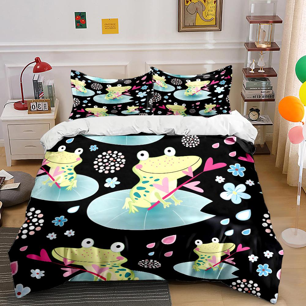 Cartoon Frogs On Lily Pads Bedding Set for Kids Luxury Gift 3pcs Digital Print Comforter Set Soft Comfortable Breathable