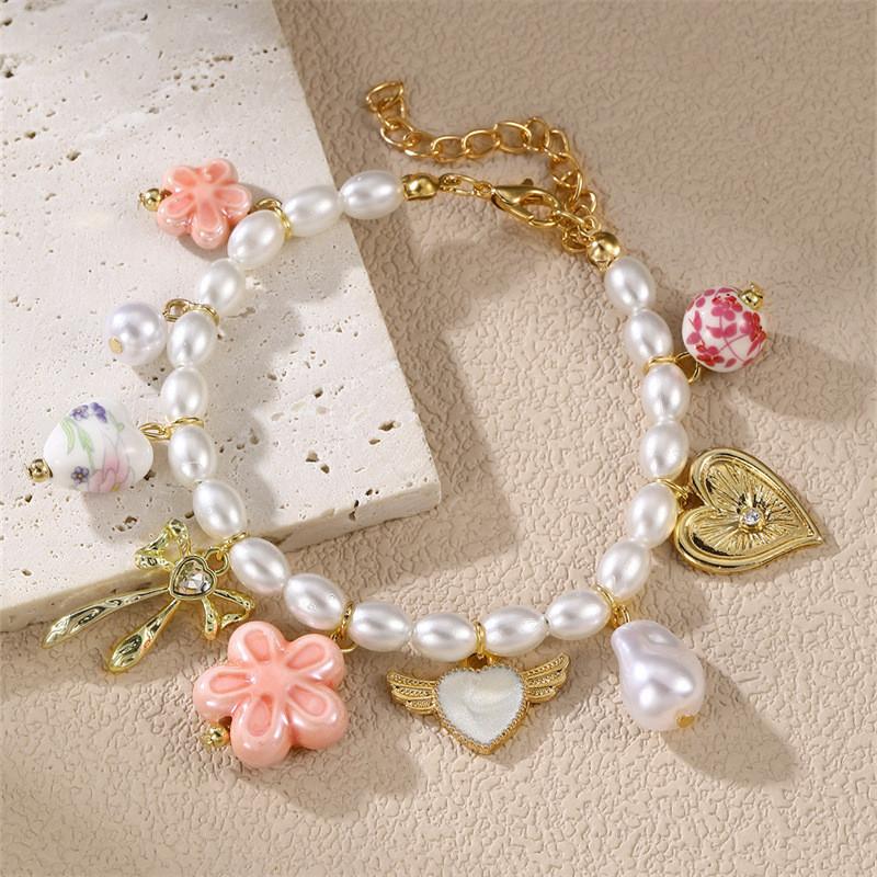 Geometric Heart Pendant Necklace And Bracelet Set For Women With Pearl And Alloy Jewelry