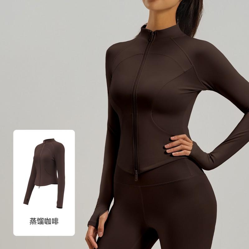 Womens Slim Fit Long Sleeve Zip-Up Yoga Top With Side Pockets Running Gym Workout