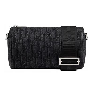 Borsa a tracolla cilindrica con monogramma ricamato obliquo da uomo, Borsa da uomo, Nera, 1ROPO061YKY-H00N