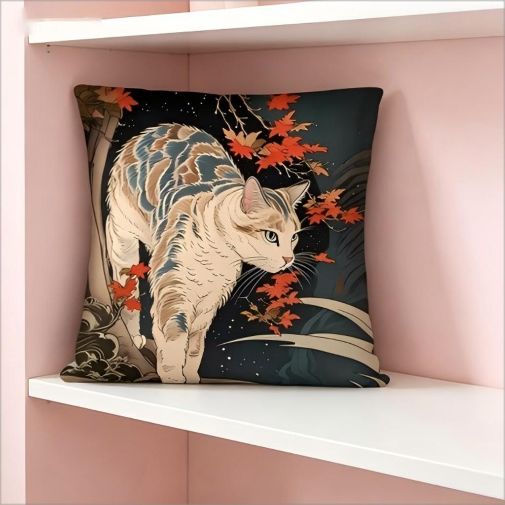 Japanese Ukiyo-E Style Cat Print Throw Pillow Cover, Autumn Maple Leaf Art Decorative Cushion For Sofa Couch