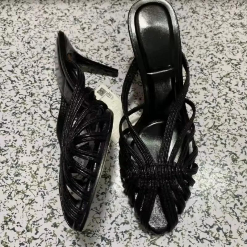 Fashion Fashion Hollow Gold Narrow Band High Heel Slipper Women Elegant Pointy Toe Thin Heel Brand Designer Shoe Sexy Banquet Dress Shoe