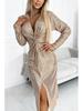 2025 European Autumn/Winter Sequin V-Neck Knot Slit Long Sleeve Party Dress