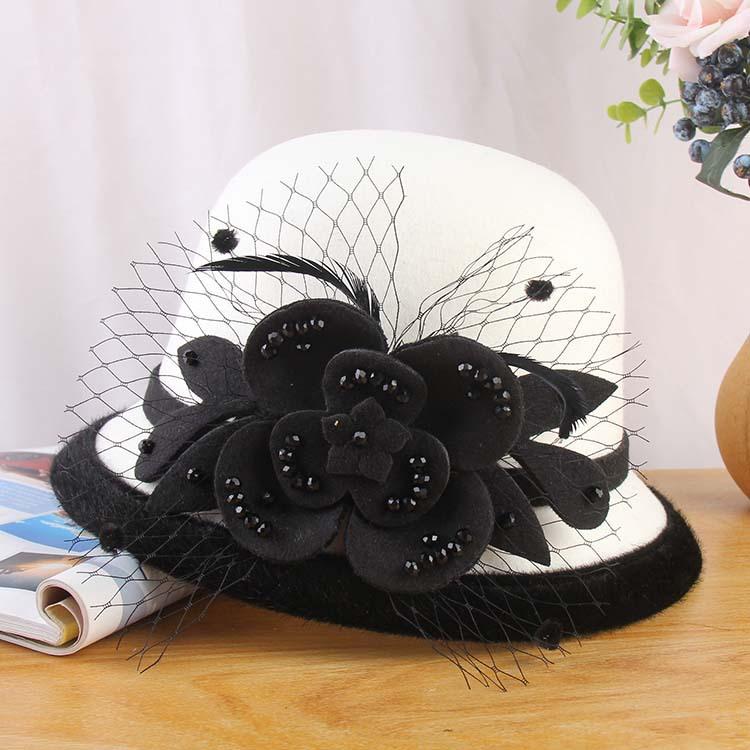 2023 European And American Woolen Top Hat Bucket Hat Women'S Handmade Mesh Flower Felt Hat Autumn And Winter Warm Basin Hat