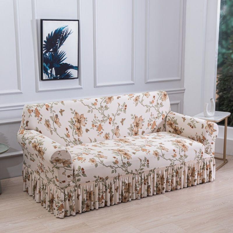 Floral Digital Print Elastic Sofa Cover with Ruffled Hem - Stretchy One-Piece Design, Adjustable Straps  Couch Covers for Sofa
