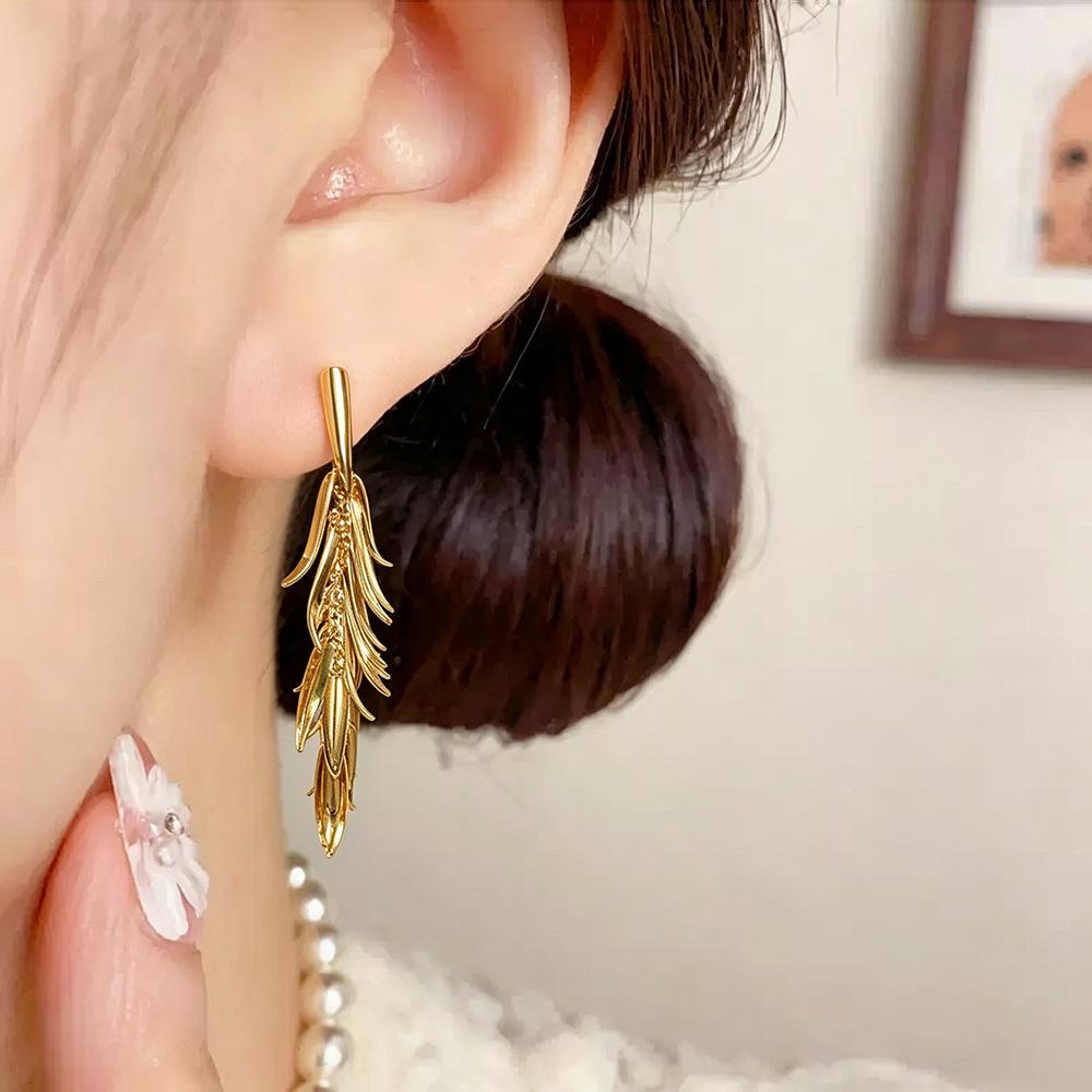 Trendy Leaf Tassel Long Stud Earrings - High-End European & American Fashion