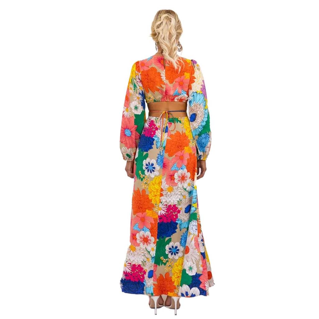 25th Anniversary European & American Autumn/Winter Fashion: Round Neck Lantern Sleeve Dress with Waist-Gathering Print