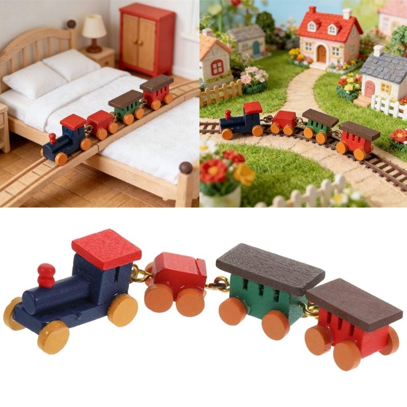 1/12 Miniature Wood Train Toy with Vibrancy Color Carriages and Metal Hooks for Doll House Scene Display Enhancement