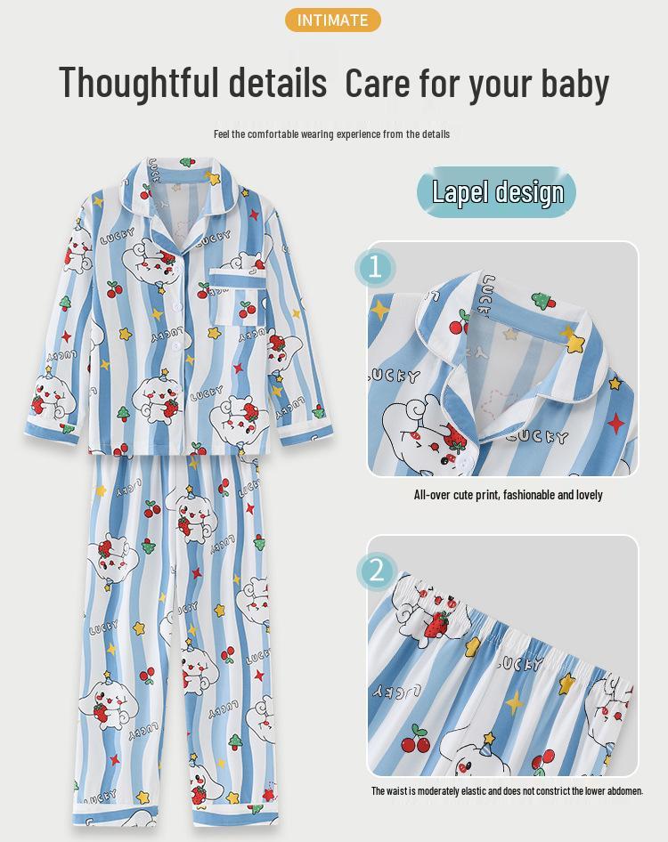 Children's Cartoon Print Pajama Set - Long Sleeve Cardigan with Turn-Down Collar, Imitation Cotton, for Spring and Autumn