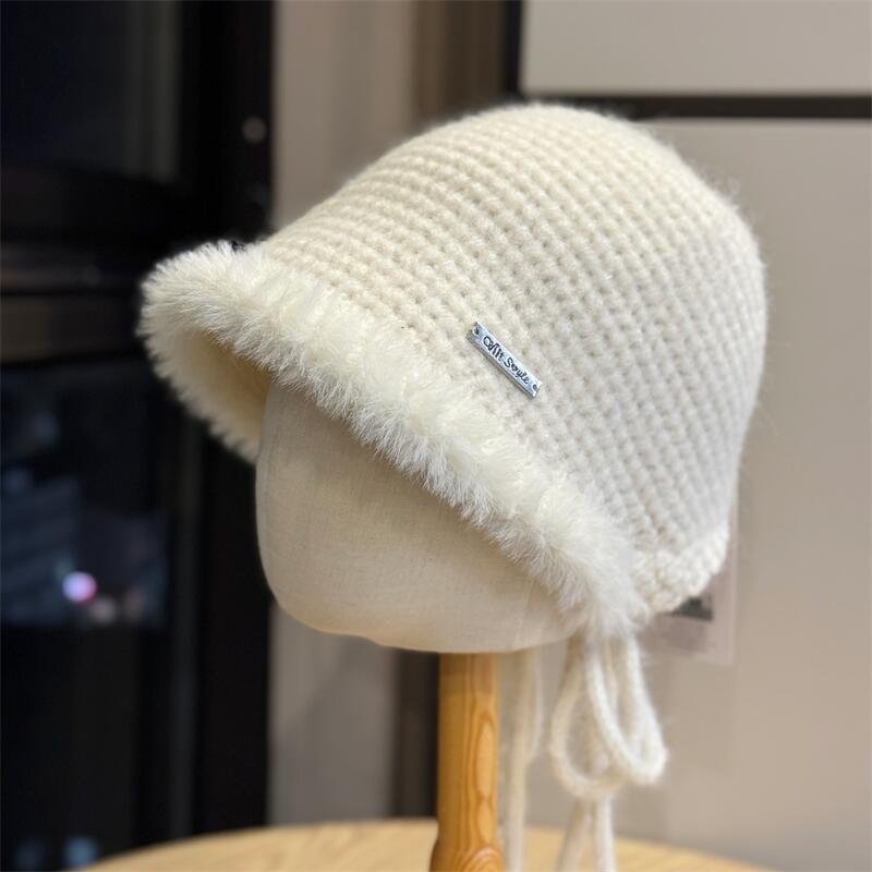 Knitted Strap Bucket Hat Autumn New Hat Women Show Small Face Warm Versatile Wool Hat Windproof Basin Hat Trend