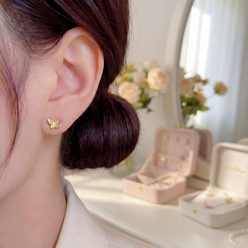 Copper-Plated Gold Hollow Butterfly Zirconia Earrings - Six-Piece Set