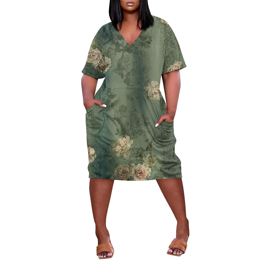 Summer Plus Size V Neck Short Sleeve Knee Pocket Print Casual Dress For Women