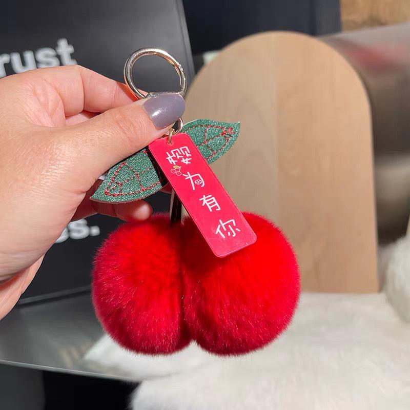 Chic Cherry Pendant: Rex Rabbit Fur Keychain with Plush Ball Charm