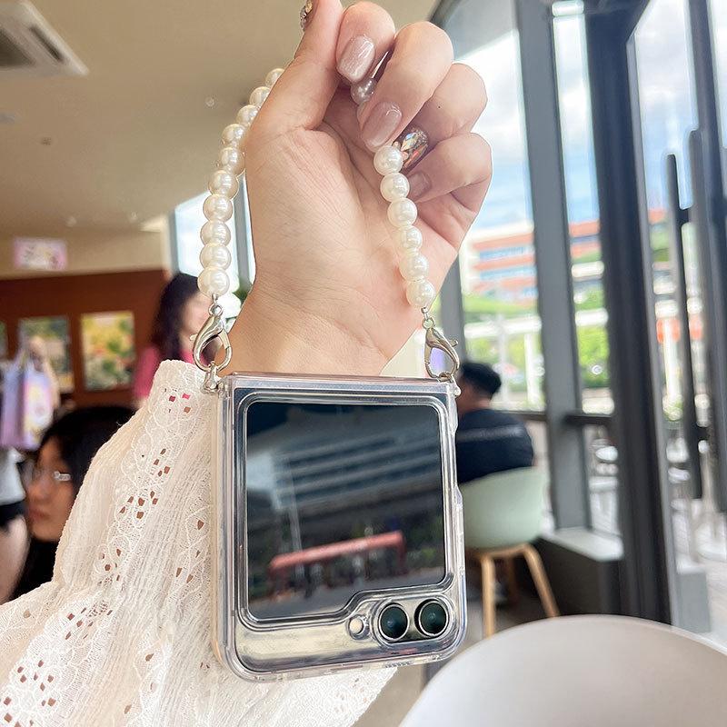 Pearl Crossbody Lanyard Transparent Case for Samsung Galaxy Z Flip6 5 5G Soft Silicone Phone Cover For Galaxy Z Flip 6 5 Wriststrap Chain Clear Cover