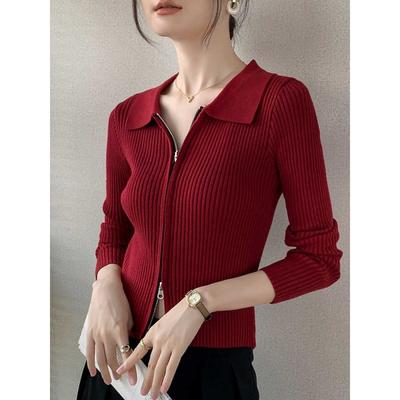 Lapel Knitted Cardigan Early Autumn New Long-sleeved Slim-fitting Slim Lapel Top Zipper Sweater Short Coat Women