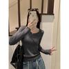 Kumikumi Simple Basic Style Solid Temperament Long Sleeve Knit Women Clothes Autumn Slimming Versatile Base Top