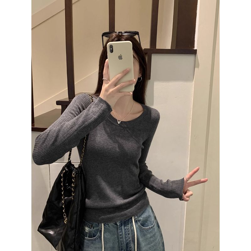 Kumikumi Simple Basic Style Solid Temperament Long Sleeve Knit Women Clothes Autumn Slimming Versatile Base Top