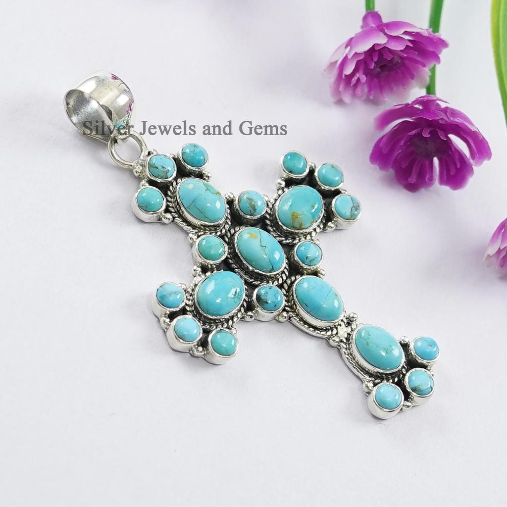 Turquoise Cross Pendant ,Blue Kingman Turquoise Multi Stone Pendant, Wedding Pendant, 925 Sterling Silver Pendant, Gemstone Pendant