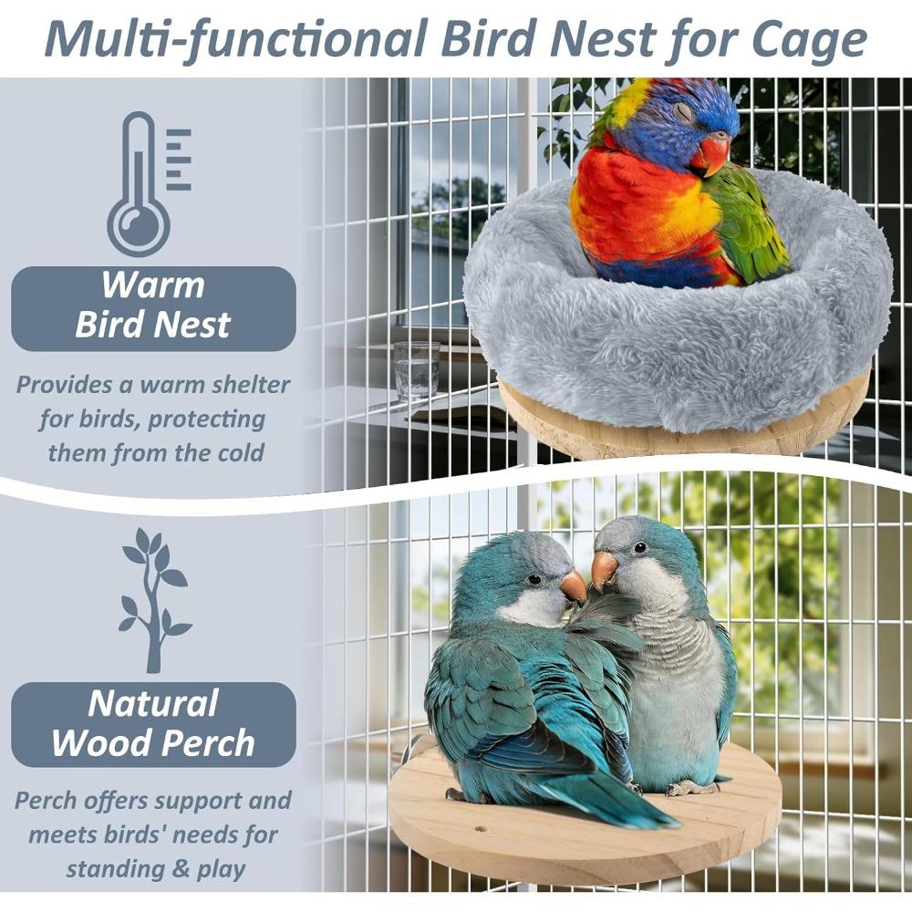 Warm Bird Nest for Cage, Removable Plush Parrot Hammock Resting Perch Platform for Budgies Cockatiel Conure Parakeet Hamster, Washable Nesting Bedding