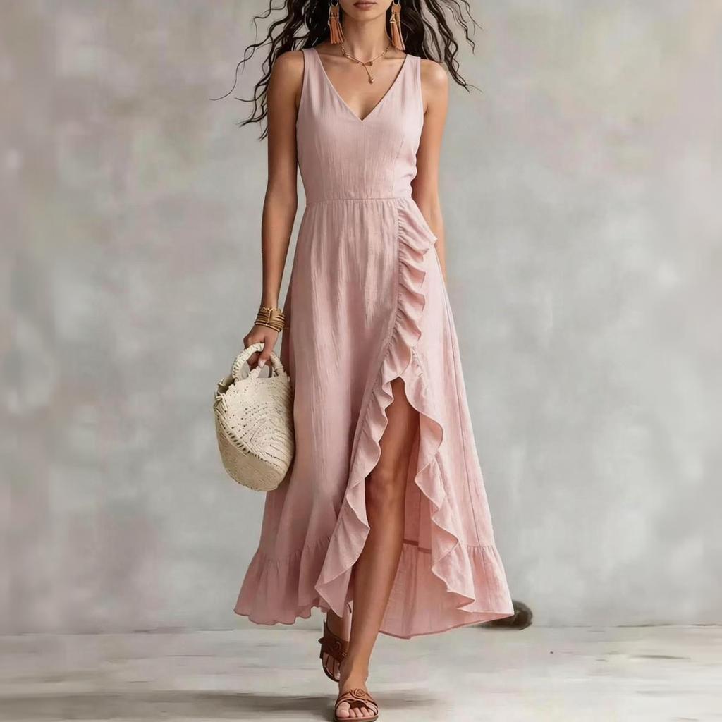 V Neck Sleeveless Ruffle Split Maxi Dress for Women Elegant Sundresses for Women Vacation Outfits for Women Casual Dresses for Women